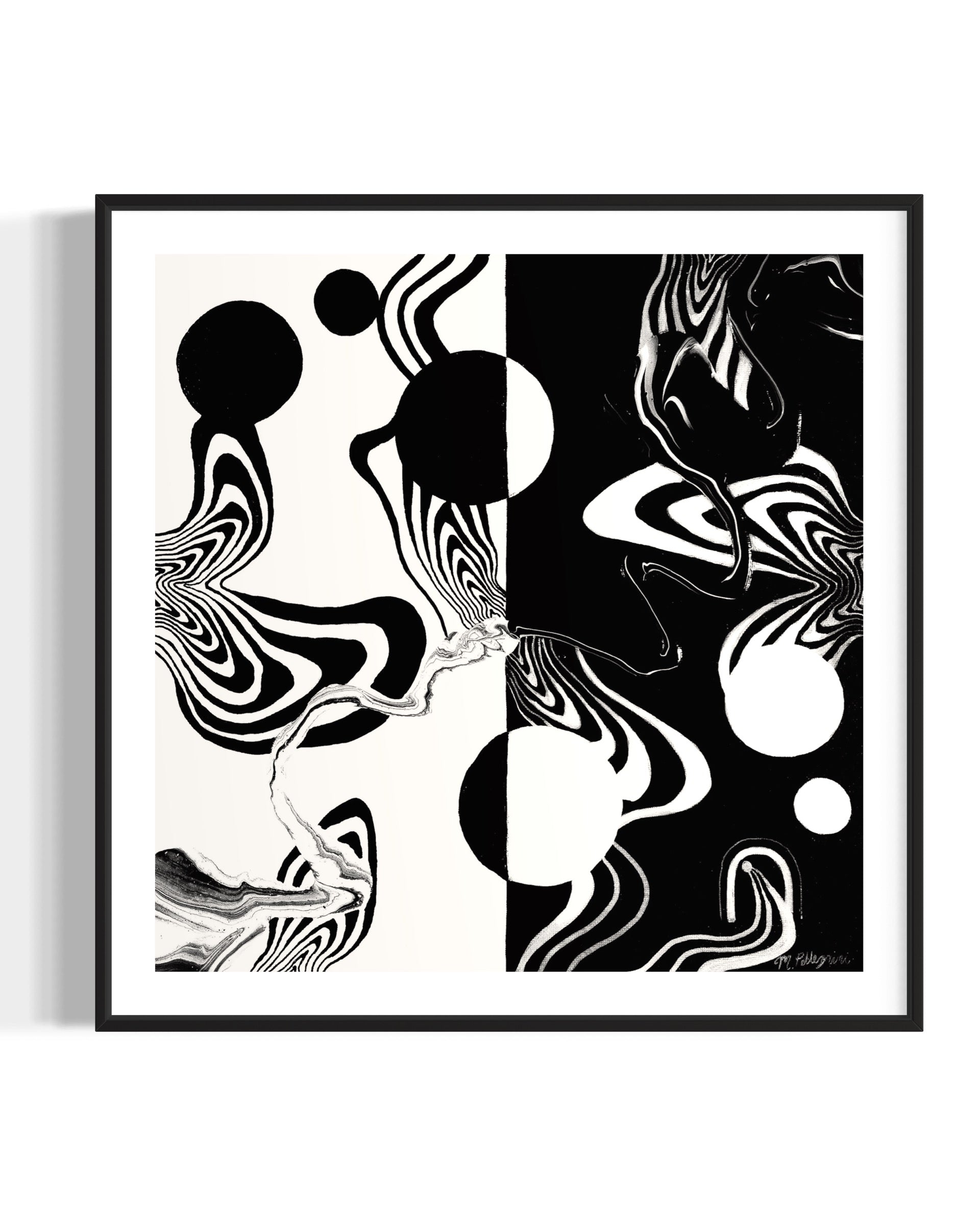 Abstract black and white artwork with swirling patterns, circle, and whimsical linework on a white background