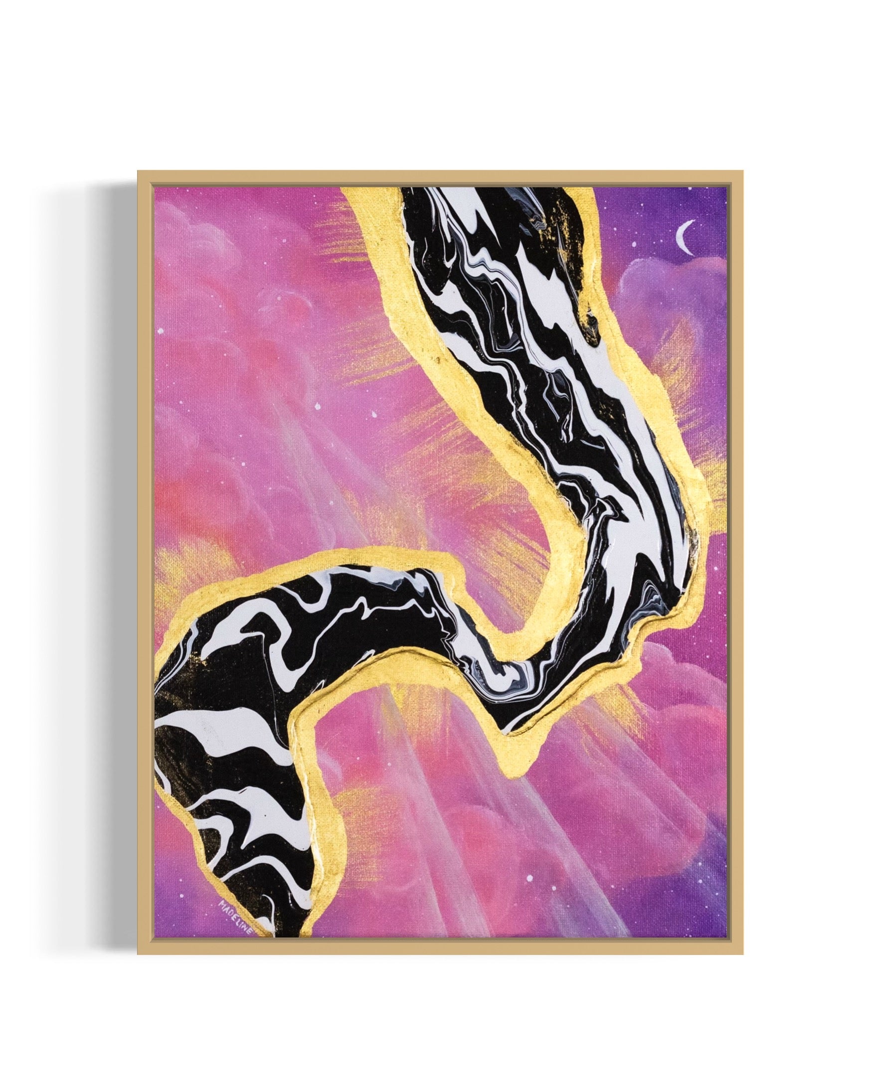 Framed artwork with abstract black and white fluid design on a pink and purple sky background with a moon and gold leaf rays