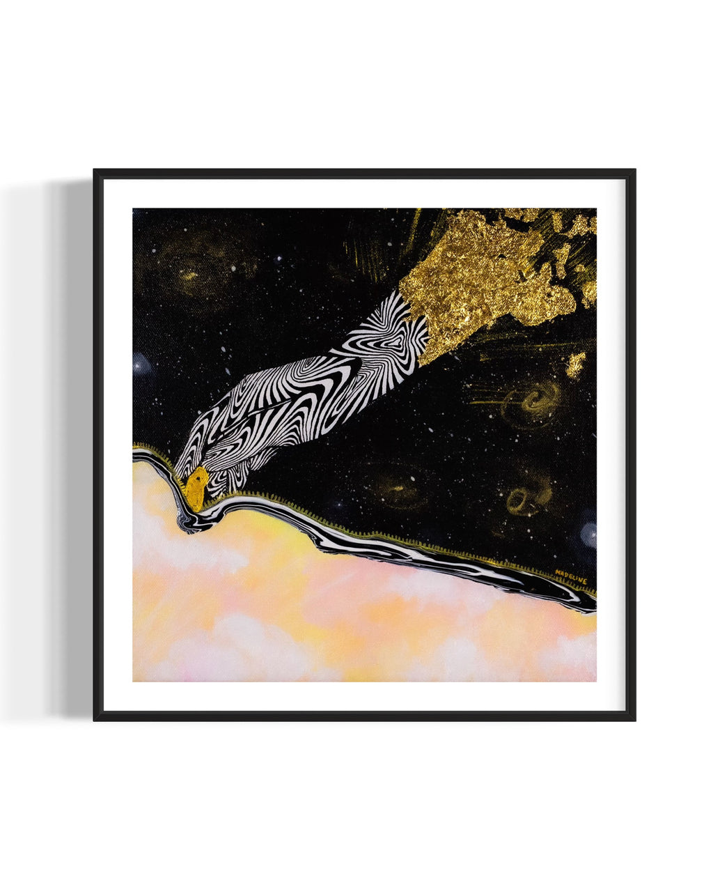 Framed artwork of an abstract black and white hand unzipping the universe on a space background with a pink sky and gold accents.