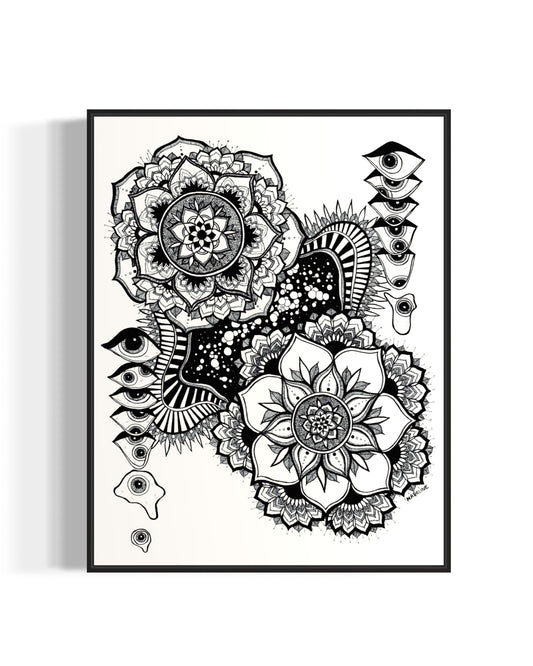Black and white floral mandala and abstract eye design on a white background