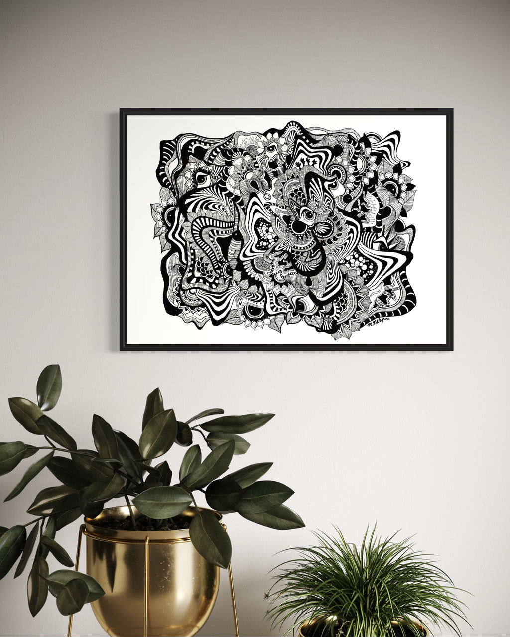Framed black and white abstract geometric artwork with eyes, whimsical linework and botanicals on a white background