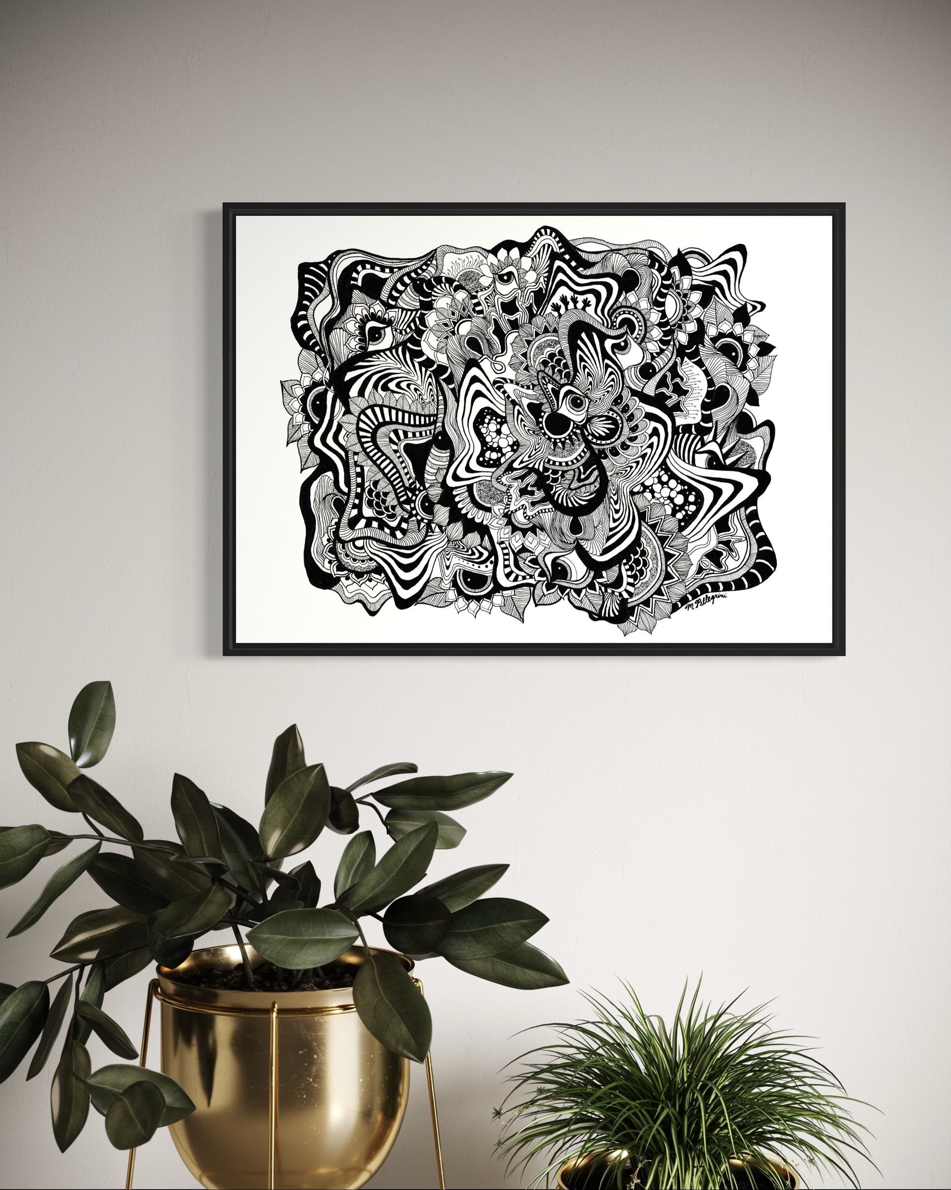 Framed black and white abstract geometric artwork with eyes, whimsical linework and botanicals on a white background