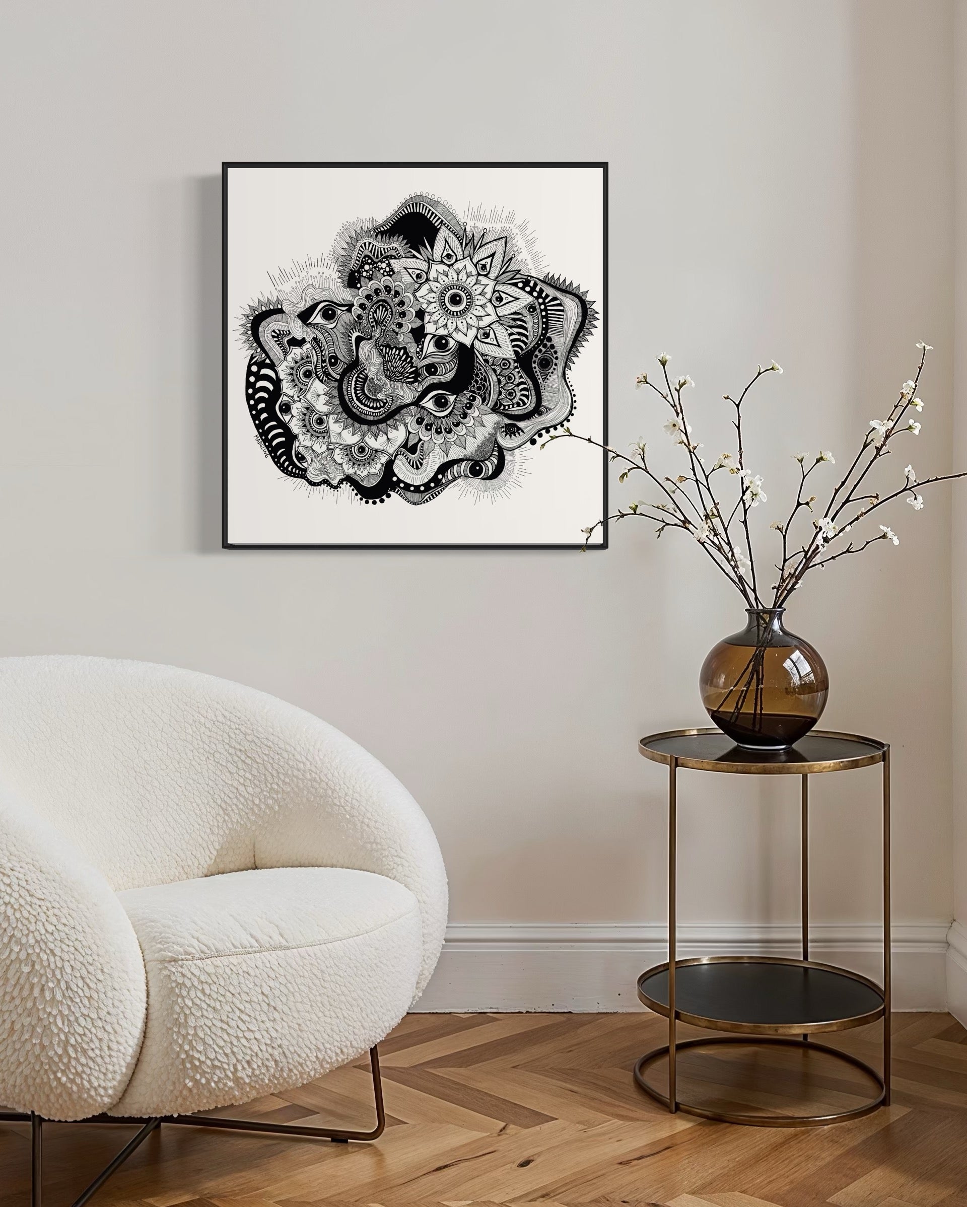 Framed black and white abstract art with eyes, mandalas, and fine line whimsical detail