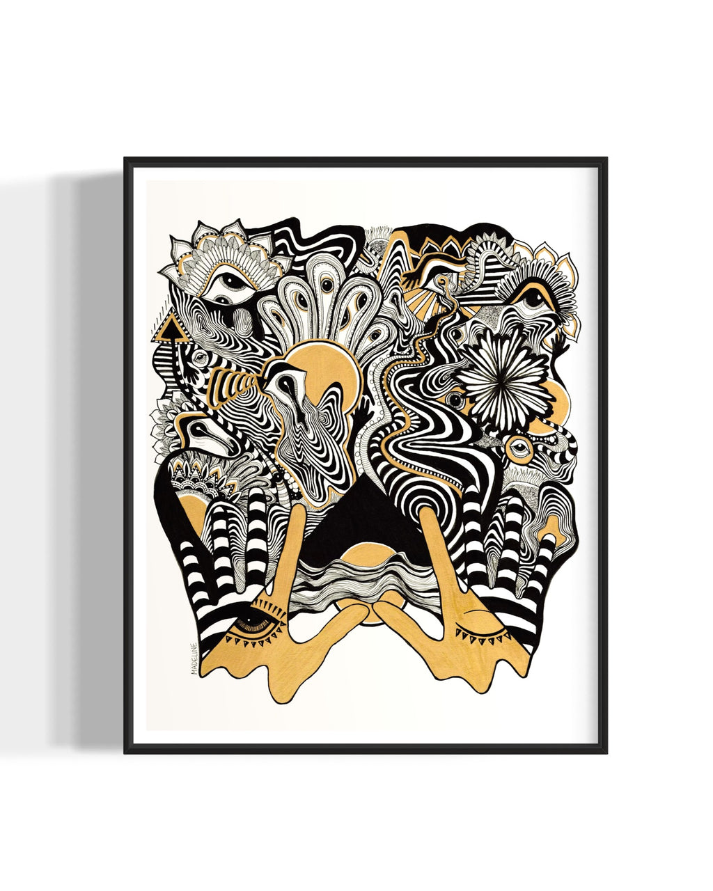Framed abstract artwork with black, white, and gold designs coming out of two gold hands and fine linework on a white background
