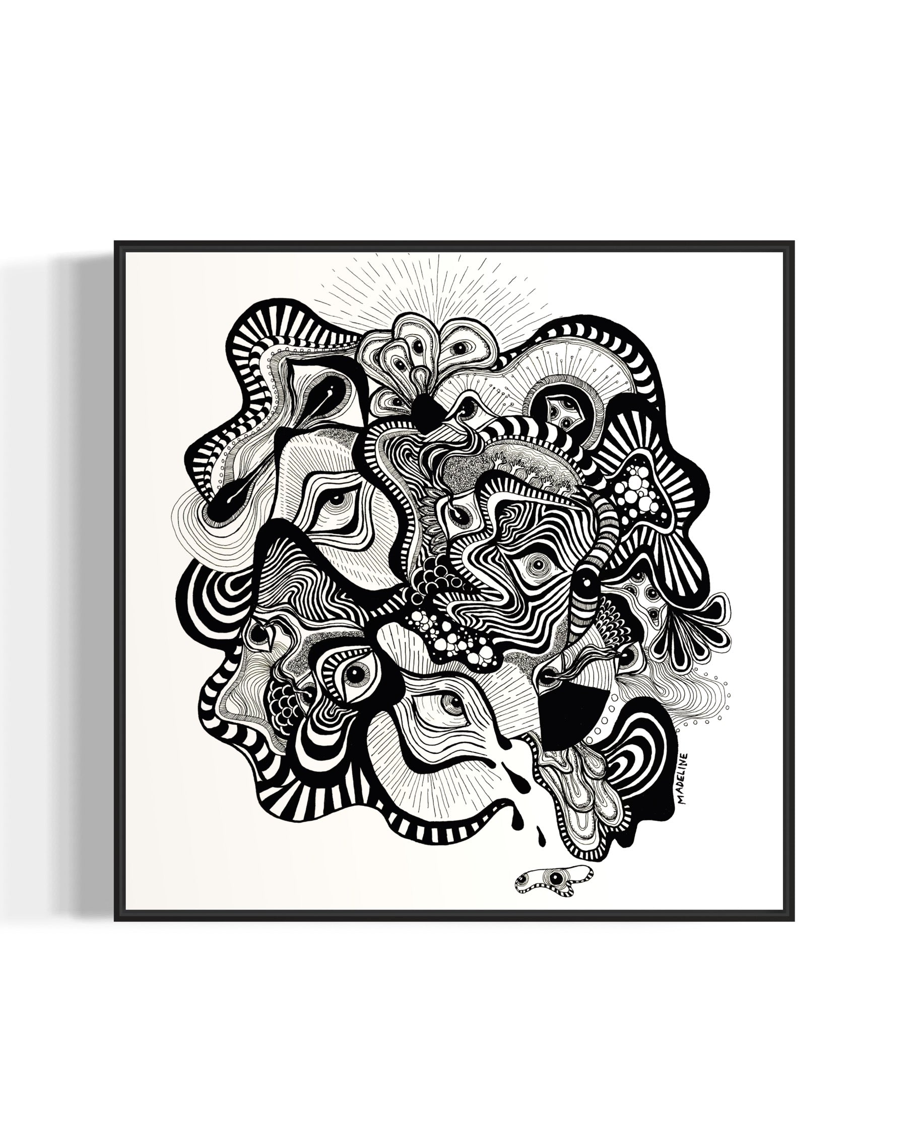 Framed black and white abstract artwork filled with eyes and whimsical linework patterns on a white background