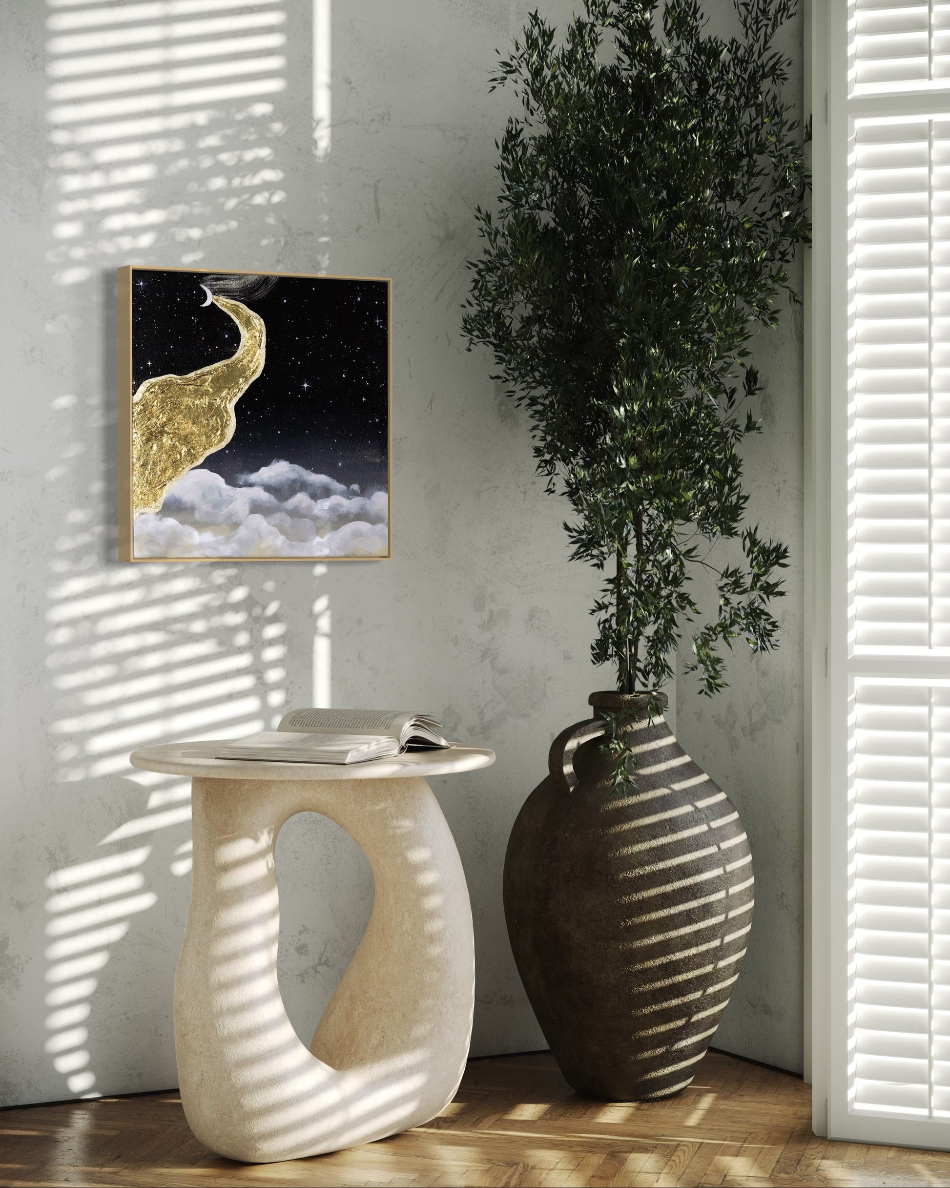 Framed dreamy artwork of a gold crescent moon and cloud against a starry night sky.