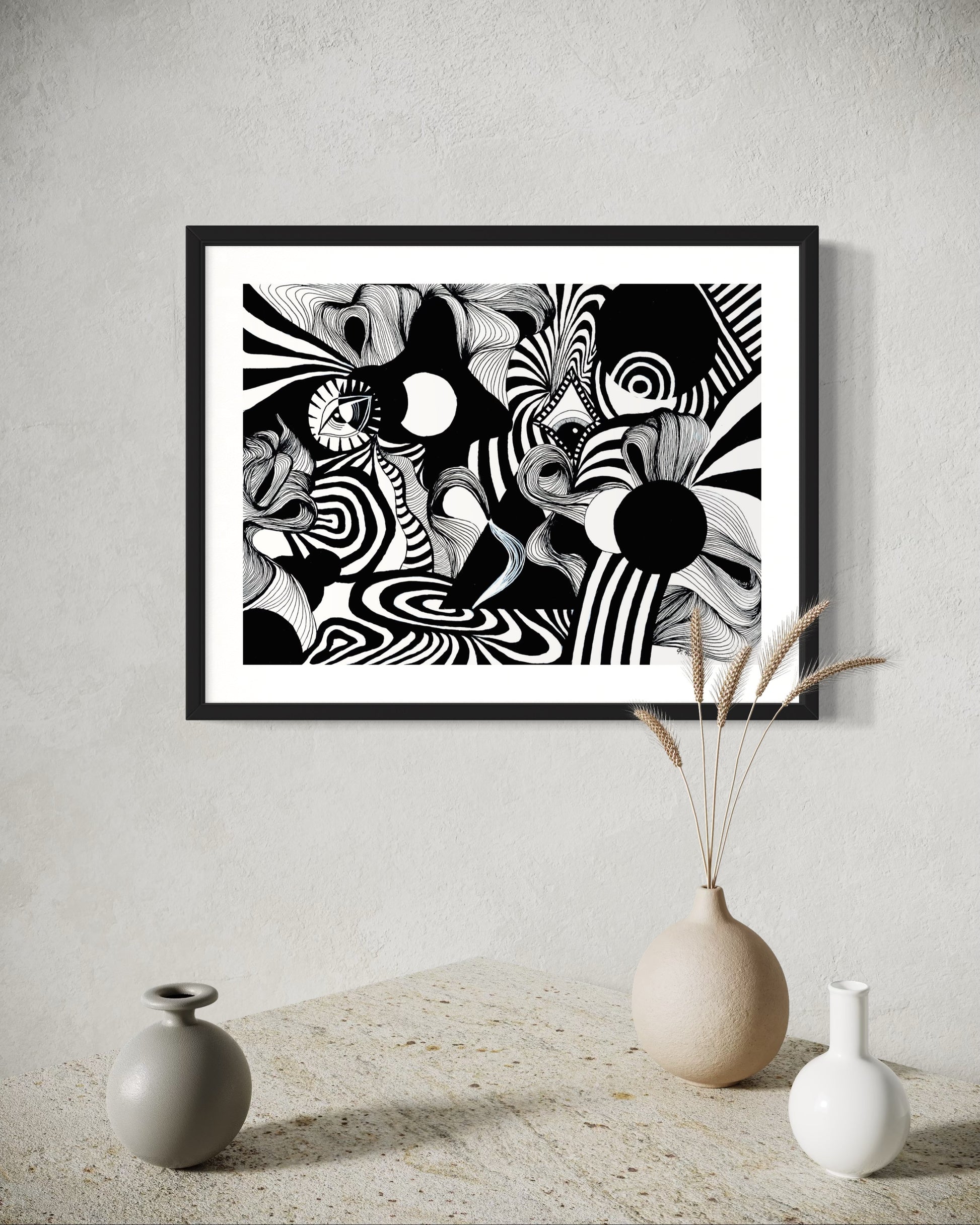 Abstract black and white artwork with swirling patterns, whimsical linework, eyes, and psychedelic patterns on a white background
