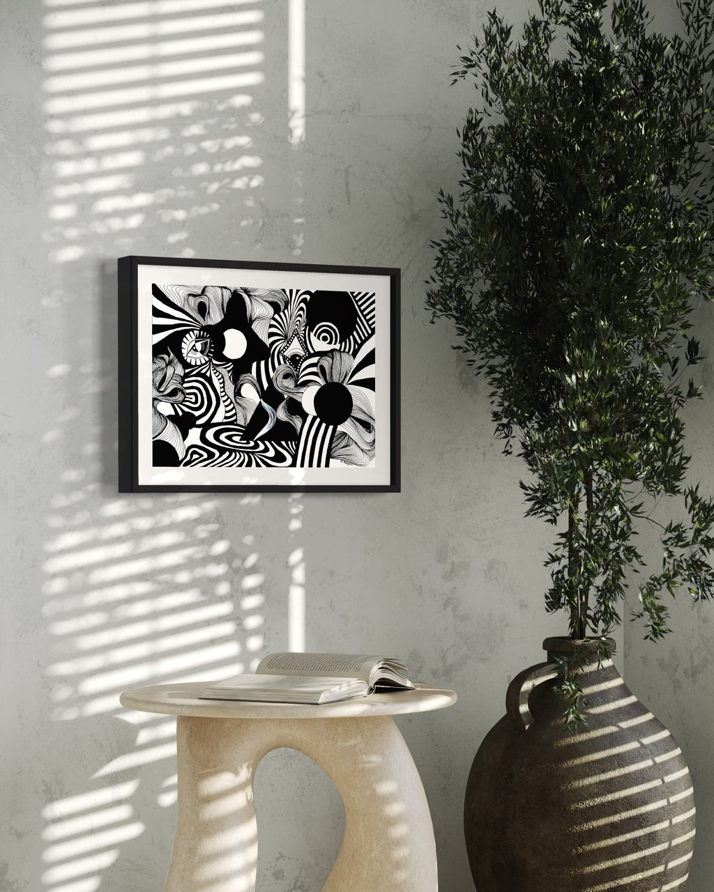 Abstract black and white artwork with swirling patterns, whimsical linework, eyes, and psychedelic patterns on a white background