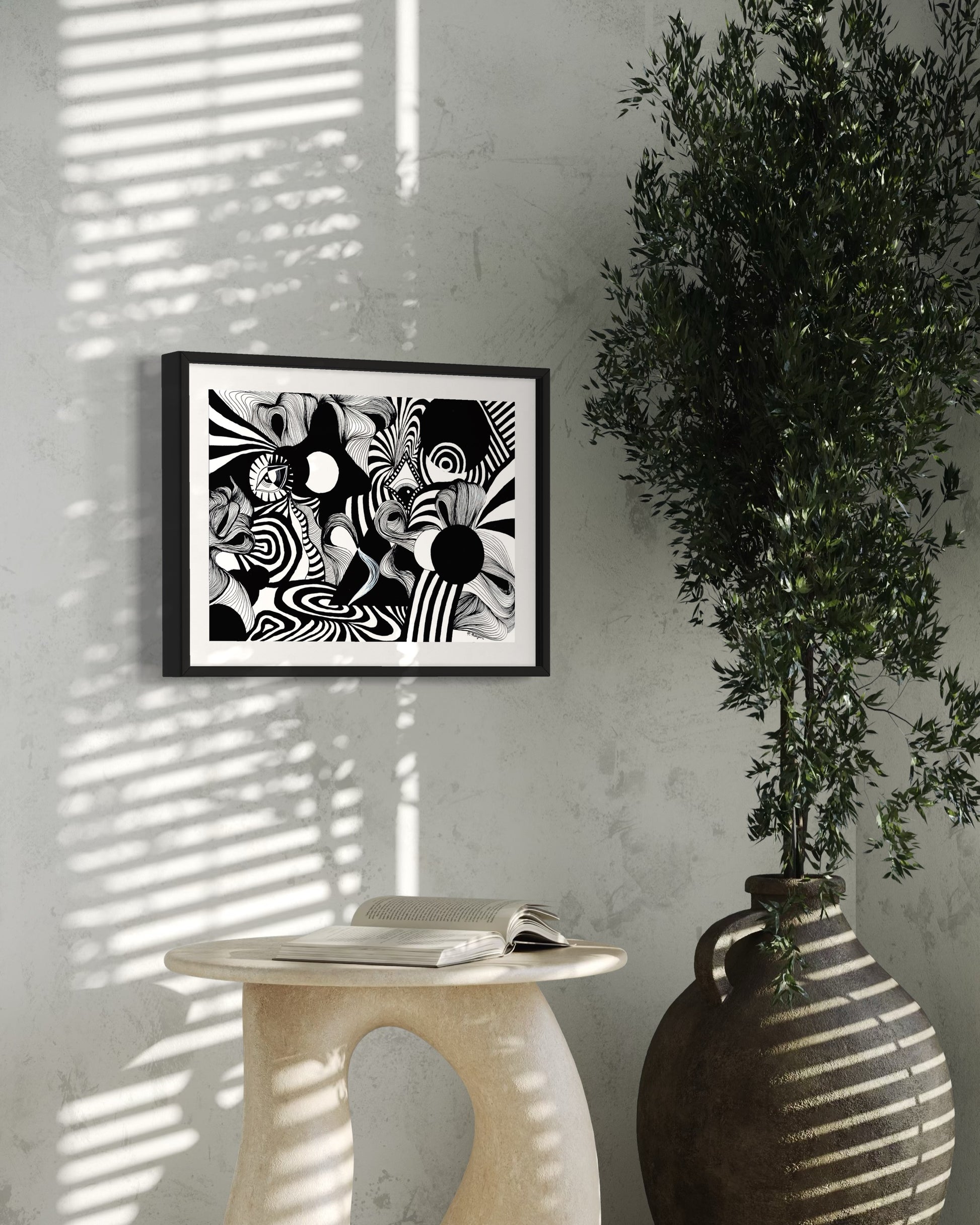 Abstract black and white artwork with swirling patterns, whimsical linework, eyes, and psychedelic patterns on a white background