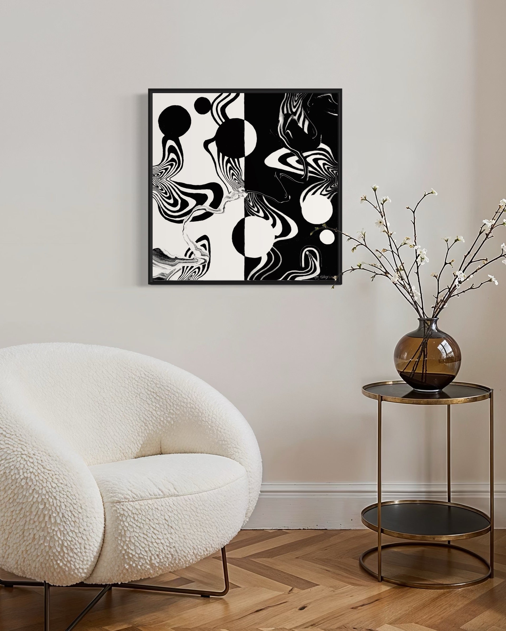 Abstract black and white artwork with swirling patterns, circle, and whimsical linework on a white background