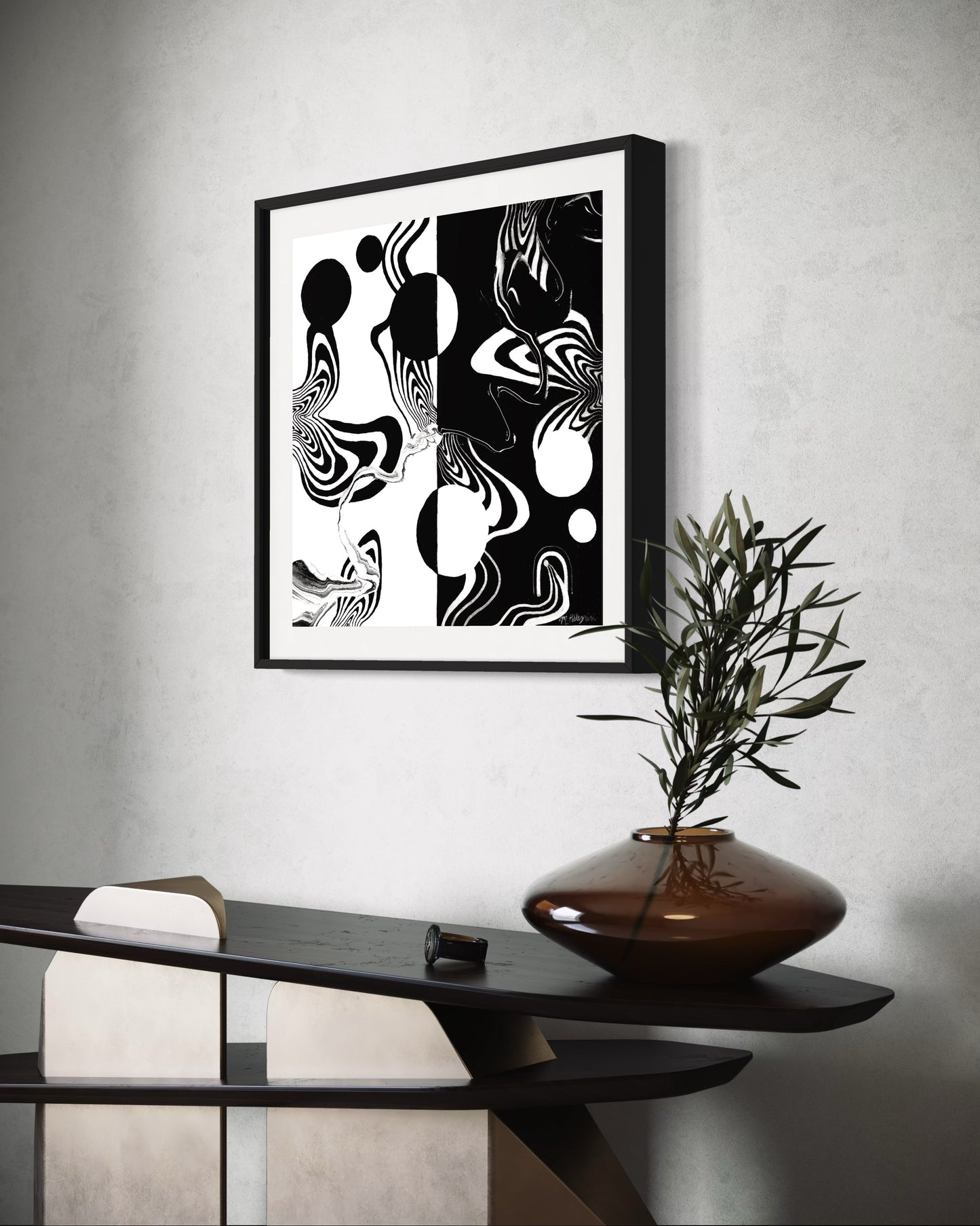 Abstract black and white artwork with swirling patterns, circle, and whimsical linework on a white background