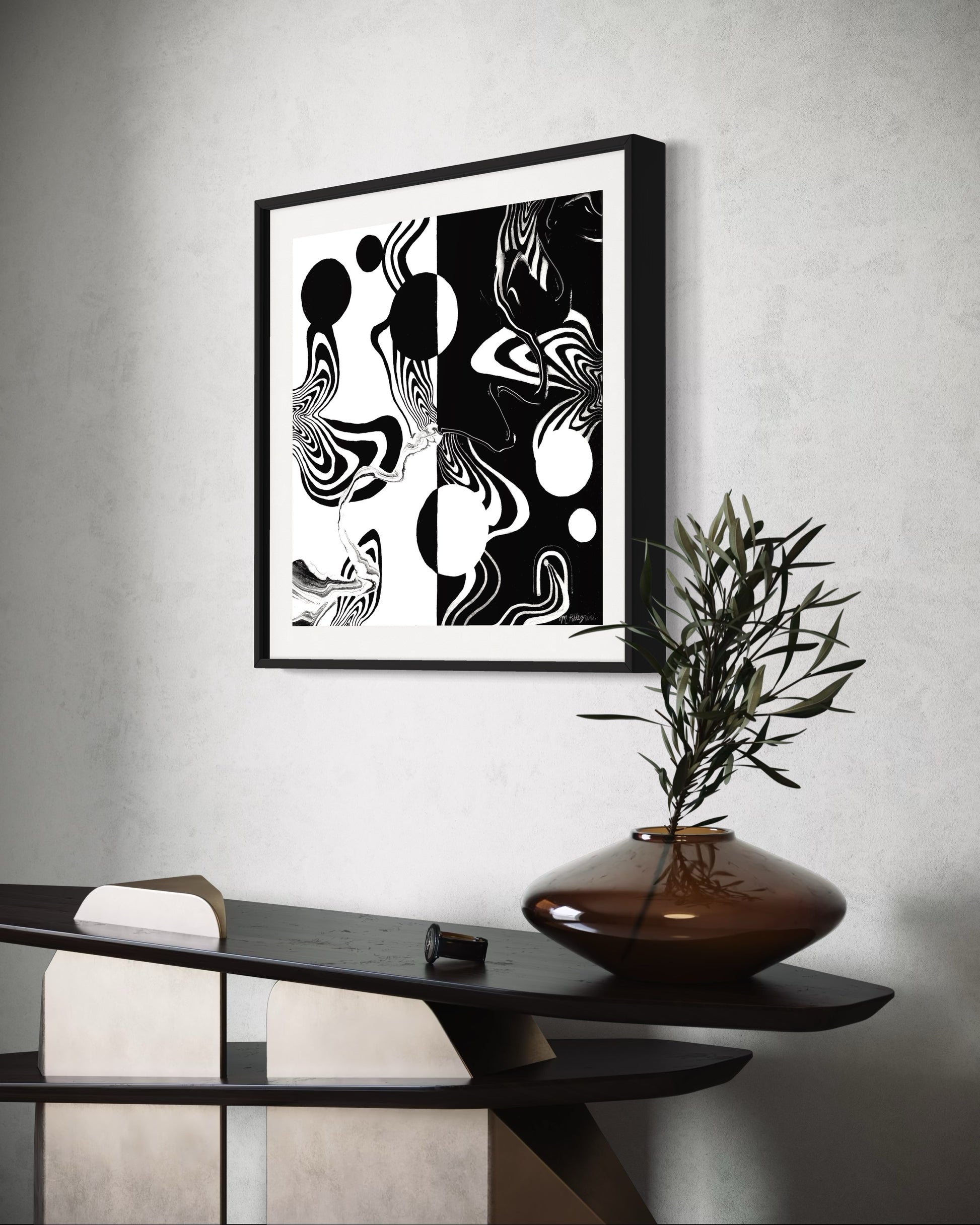 Abstract black and white artwork with swirling patterns, circle, and whimsical linework on a white background
