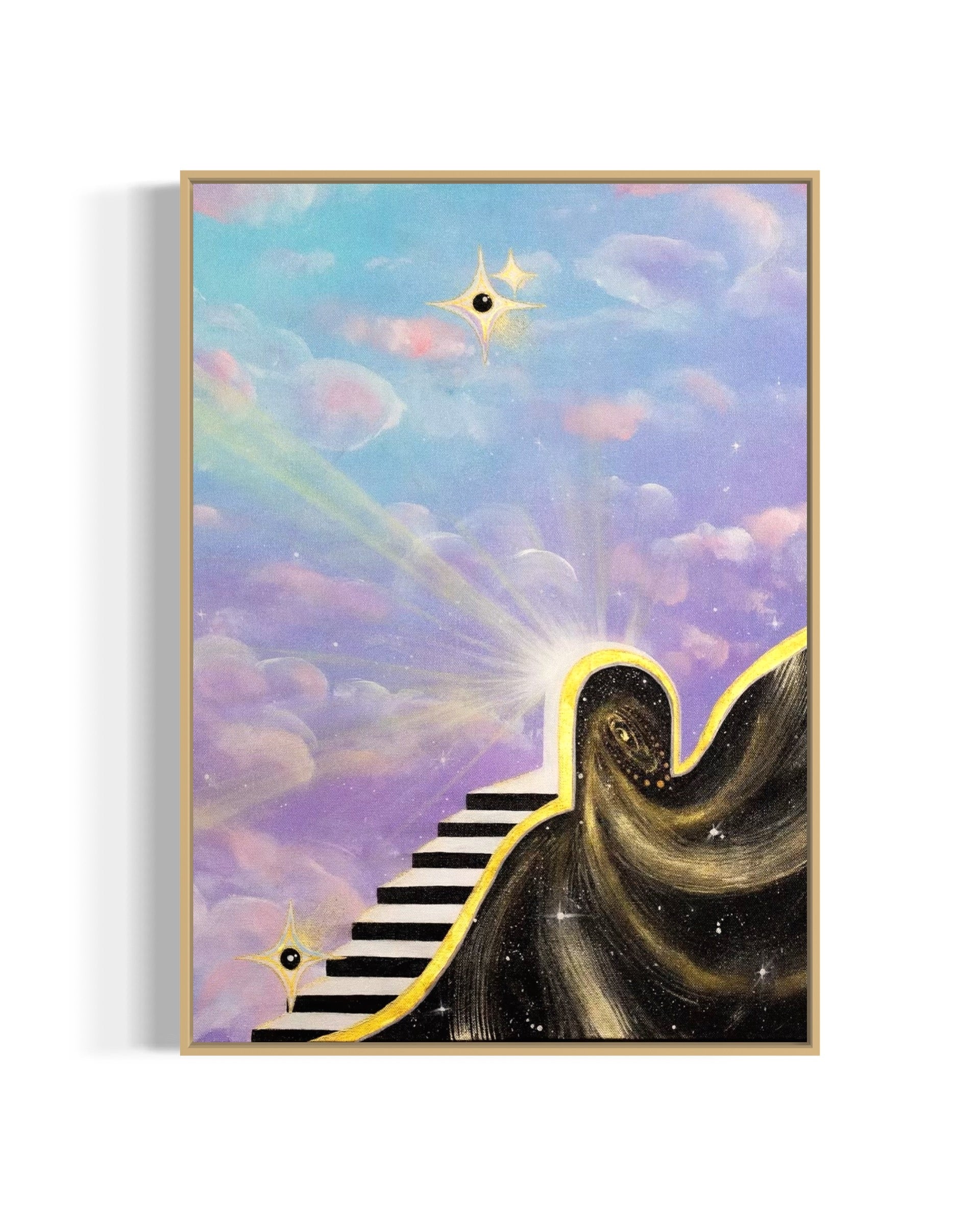 Framed artwork of a staircase leading to a star with light rays and a portal into space with a colorful blue and purple sky with clouds.