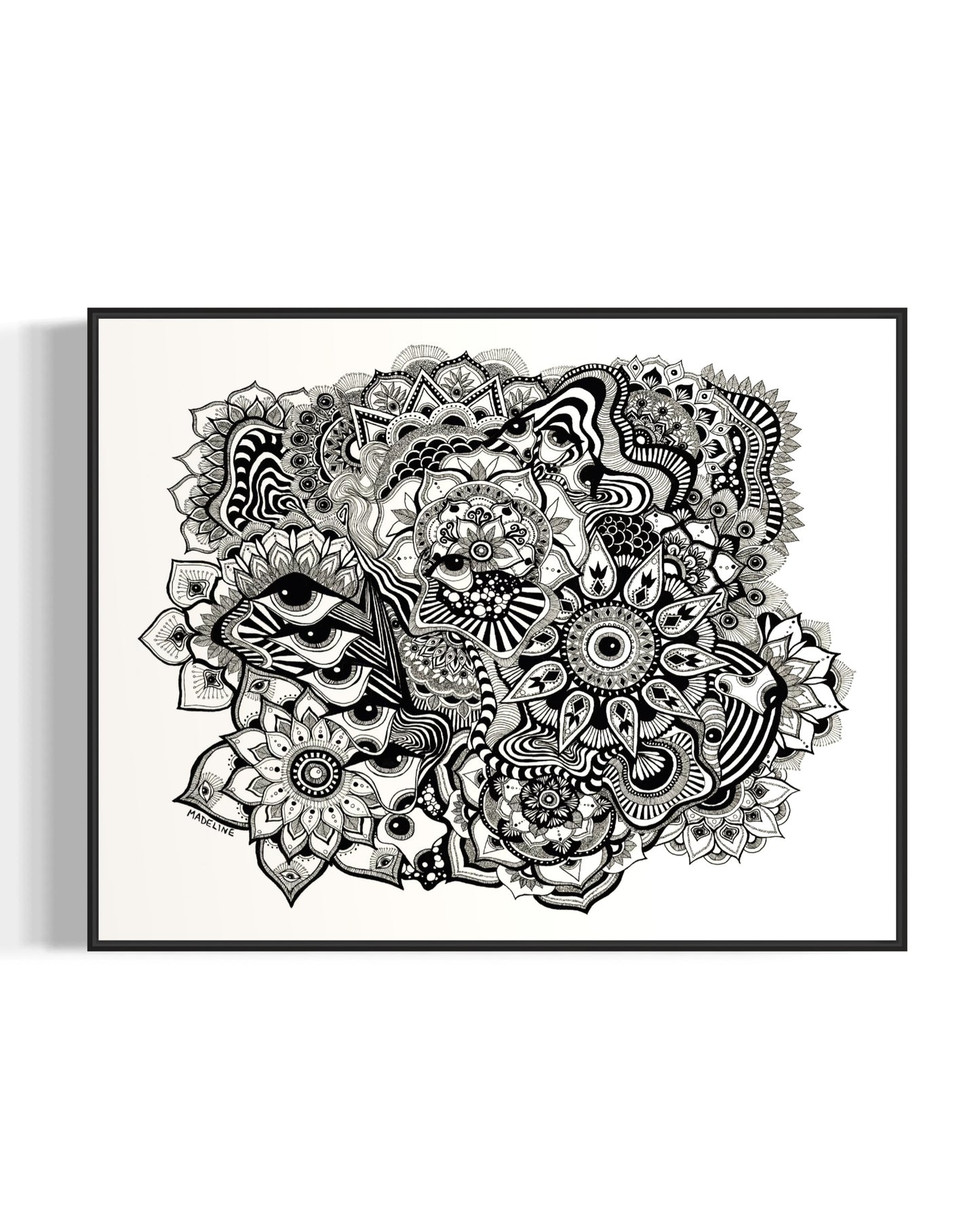 Framed black and white abstract art with eyes, mandalas, and fine line whimsical detail