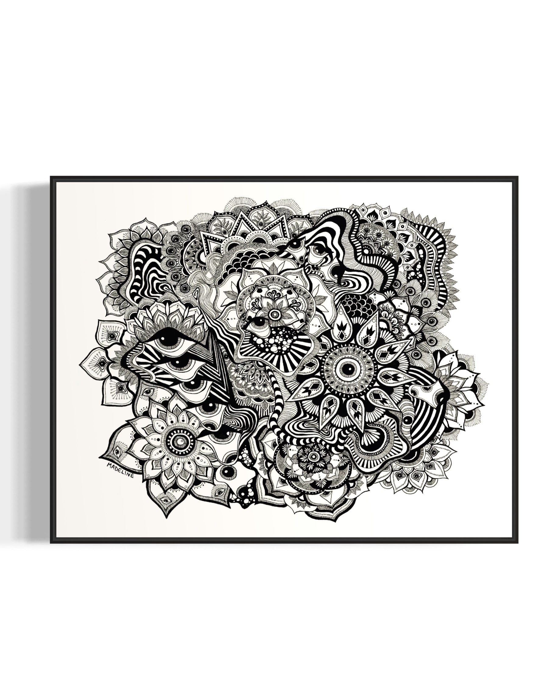 Framed black and white abstract art with eyes, mandalas, and fine line whimsical detail