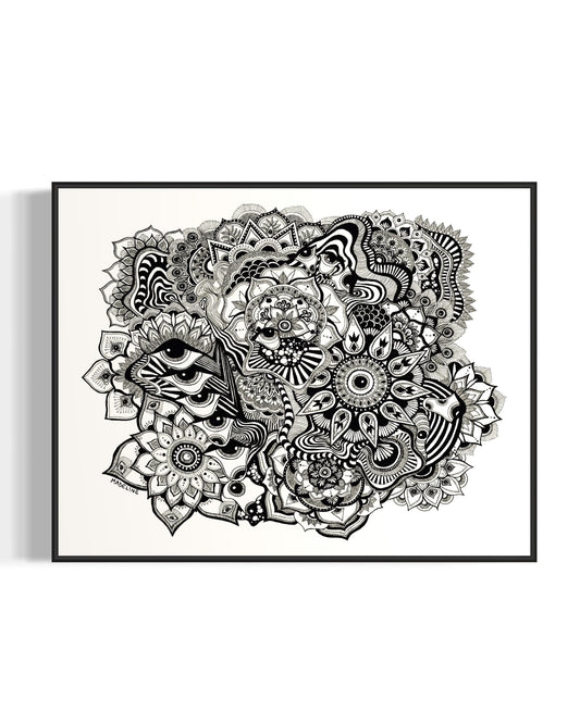 Framed black and white abstract art with eyes, mandalas, and fine line whimsical detail