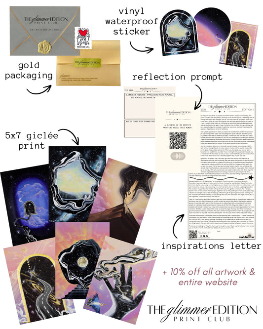 A promotional collage for The Glimmer Edition Print Club showing artwork samples, packaging, and printed materials. Visible items include several illustrated art prints with dark fantasy and cosmic imagery, a gold envelope-style package, a vinyl waterproof sticker, a reflection prompt card, a 5x7 print sheet, an inspiration letter page, and promotional text offering 10% off artwork and the entire website.